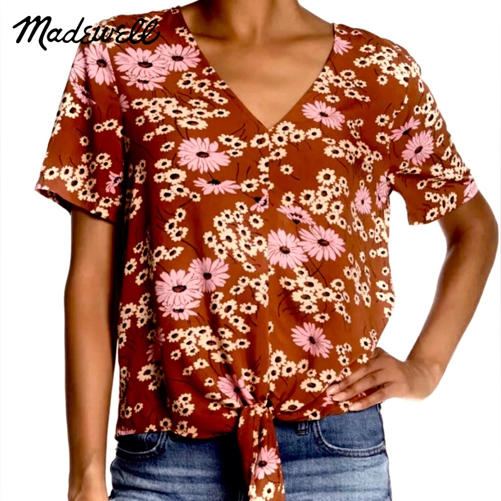 Madewell Novel Tie-Front Top in Hillside Daisies Multi Daisies Burnt Clay Size:S